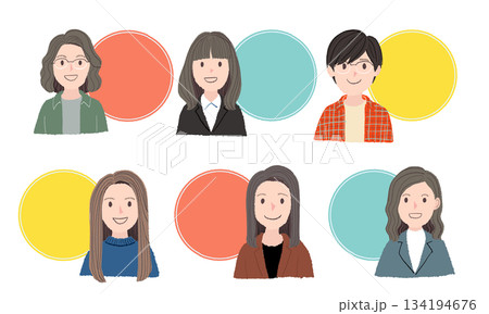 笑顔の女性6人のプロフィール用フレーム｜手描きタッチのイラストアイコン 134194676