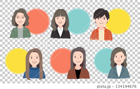 笑顔の女性6人のプロフィール用フレーム｜手描きタッチのイラストアイコン 134194676