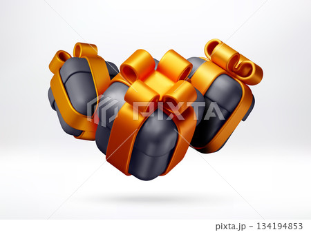 Three 3D black gift box with gold ribbon 134194853