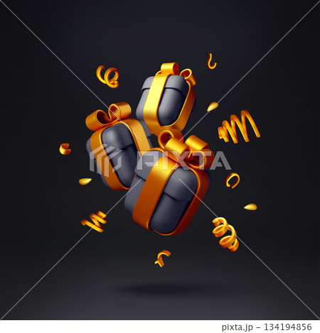 3D Floating black gift boxes with golden confetti 134194856