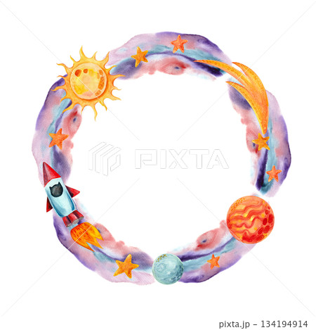 A space-themed round wreath frame with a watercolor sun, planets, and rocket. A bright children's illustration for designing cards, invitations, and textiles. A space-themed round wreath frame with a watercolor sun, planets, and rocket. A bright children's illustration for designing cards, invitations, and textiles. 134194914