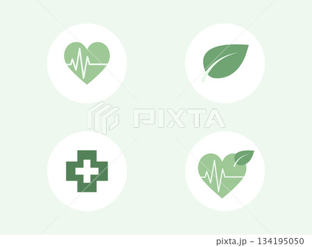 Health and Wellness Icon Set with Heartbeat, Medical Cross, and Leaf Symbol in Minimal Green Design. Health and Wellness Icon Set with Heartbeat, Medical Cross, and Leaf Symbol in Minimal Green Design. 134195050