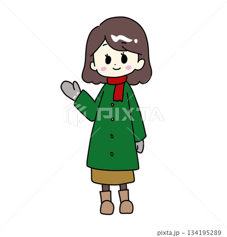 緑のコートを着て案内する女性 134195289