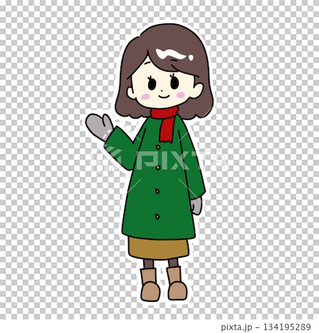 緑のコートを着て案内する女性 134195289