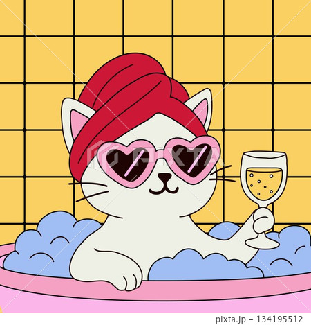 Playful cat relaxing in a bath with a glass of champagne Playful cat relaxing in a bath with a glass of champagne 134195512