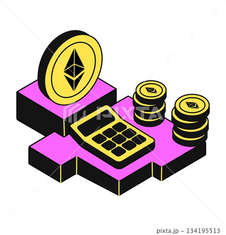 Ethereum cryptocurrency coins with calculator and stacks of coins Ethereum cryptocurrency coins with calculator and stacks of coins 134195513