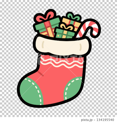 Christmas Green And Red Stocking With Presents And Candy Cane Christmas Green And Red Stocking With Presents And Candy Cane 134195540