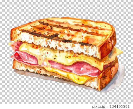 Ham and cheese hot sandwich watercolor illustration 134195591