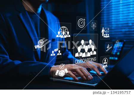 Onboarding new employee process concept. A businessman using laptop with icons representing onboarding process, training, recruitment, communication, hiring, development, and employee integration. Onboarding new employee process concept. A businessman using laptop with icons representing onboarding process, training, recruitment, communication, hiring, development, and employee integration. 134195757