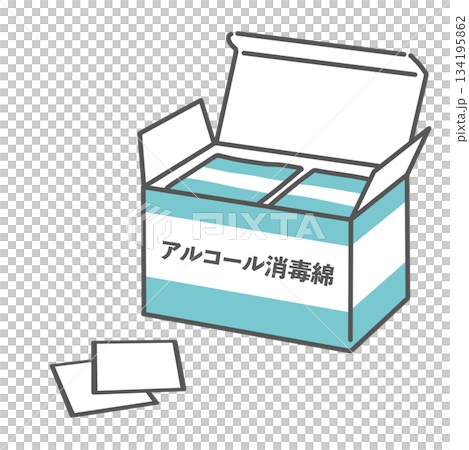 アルコール消毒綿(アルコール綿)の箱と個包装のイラスト アルコール消毒綿(アルコール綿)の箱と個包装のイラスト 134195862