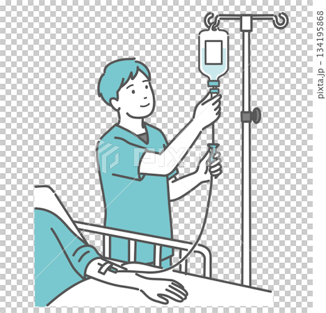 Illustration of a male nurse adjusting the drip rate 134195868