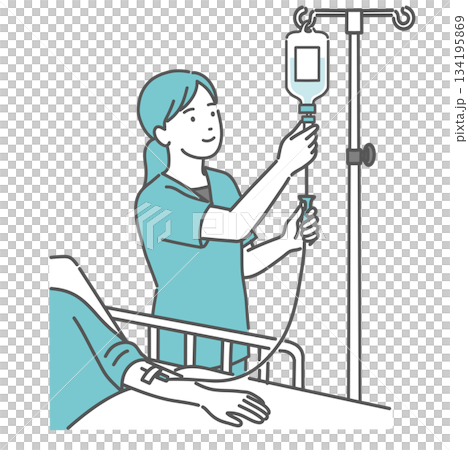 Illustration of a female nurse adjusting the drip rate of an IV drip 134195869