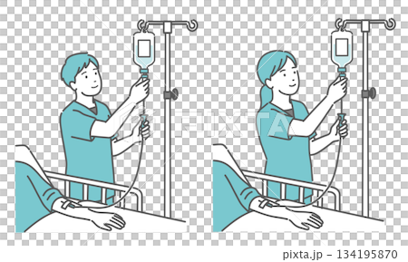 Illustration of a nurse (male and female set) adjusting the drip rate of an IV drip 134195870