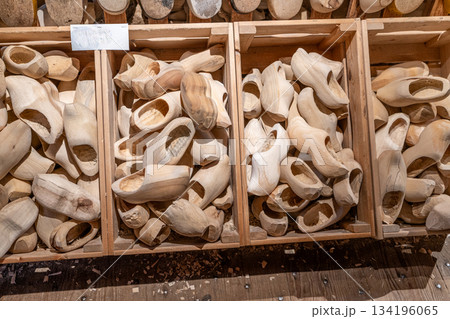 Netherlands Clomps wooden shoes. Clogs slippers souvenir in Dutch. Holland gift traditional footwear 134196065