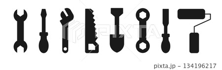 set of color tools and Instrument line icon, service sign icon Construction tool like screwdriver, saw, hammer, axe, ruler, wrench, vector abstract silhouette geometric engineering and Manufacturing set of color tools and Instrument line icon, service sign icon Construction tool like screwdriver, saw, hammer, axe, ruler, wrench, vector abstract silhouette geometric engineering and Manufacturing 134196217