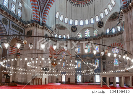 Interior of the New Mosque in Istanbul. Valide Sultan Mosque. Islamic architecture. 134196410