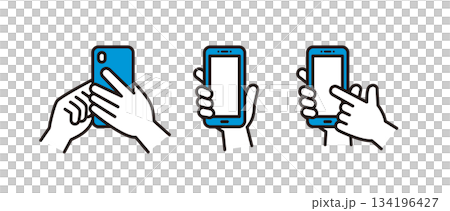 一組簡單的向量插圖圖標，描繪了雙手握持和操作智慧型手機的場景。 134196427