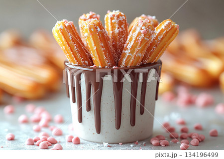Tasty dessert. Various of Mexican churros with chocolate. Street food setting. Cultural and global dessert. 134196499