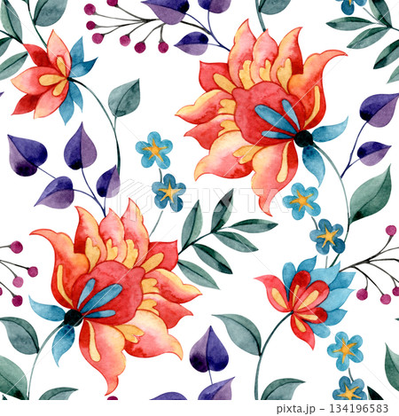 Floral pattern, watercolor seamless print in oriental style. Abstract bright flowers. Floral pattern, watercolor seamless print in oriental style. Abstract bright flowers. 134196583