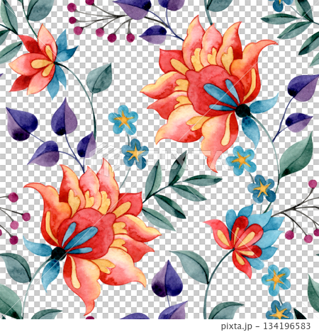 Floral pattern, watercolor seamless print in oriental style. Abstract bright flowers. Floral pattern, watercolor seamless print in oriental style. Abstract bright flowers. 134196583