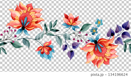 Floral border, watercolor seamless frame in oriental style. Abstract bright flowers. Floral border, watercolor seamless frame in oriental style. Abstract bright flowers. 134196624