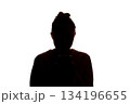 Silhouette young woman with hair up using smartphone, white background 134196655