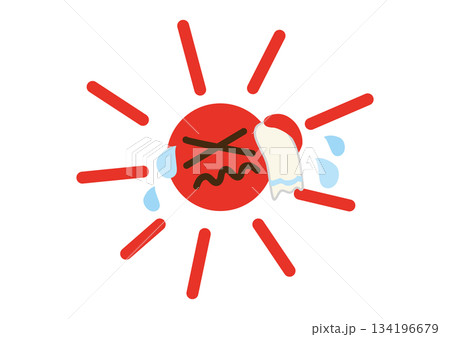 暑くて汗をかき、タオルで拭っている太陽 暑くて汗をかき、タオルで拭っている太陽 134196679