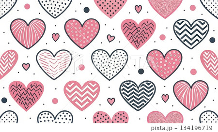 Seamless pattern of pastel pink hearts mixed with outlined hearts 134196719