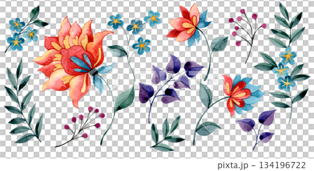 Set of floral ornaments, watercolor abstract flowers and leaves in oriental style. 134196722