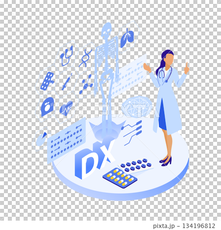 医療DXを説明する女性医師のアイソメイラスト 134196812