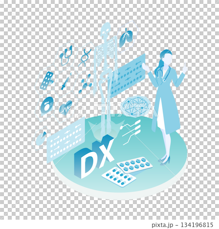 女醫師講解醫療數位轉型的等距插畫（顏色變化） 134196815