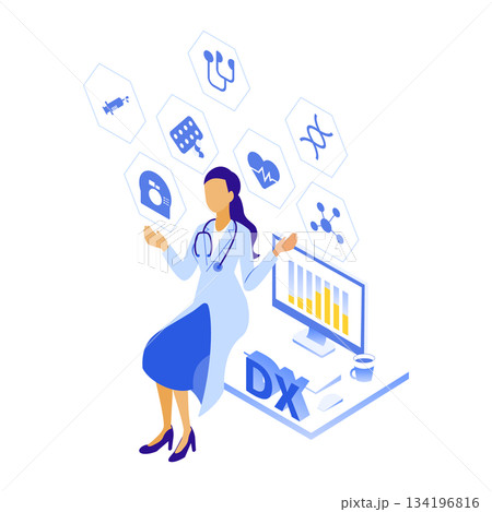 医療DXのデータを扱う女性医師のアイソメイラスト 134196816