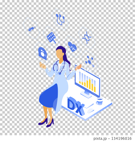 医療DXのデータを扱う女性医師のアイソメイラスト 134196816