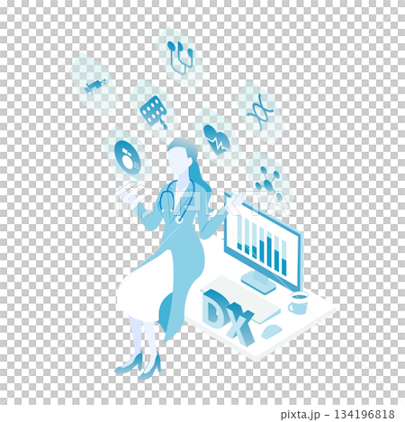 女醫生處理醫療診斷數據的等距插圖（顏色變化） 134196818