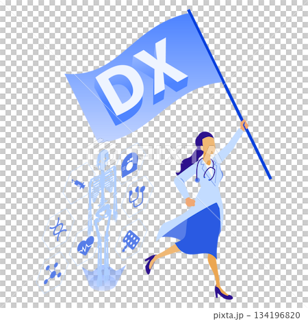 医療DXの旗を掲げる女性医師のアイソメイラスト 134196820