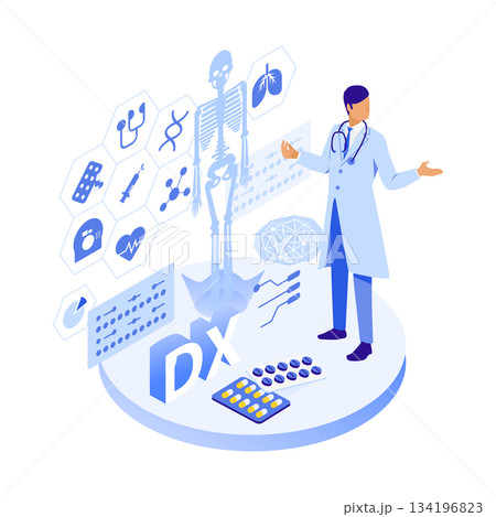 医療DXを説明する男性医師のアイソメイラスト 医療DXを説明する男性医師のアイソメイラスト 134196823