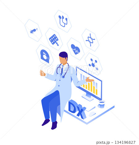 医療DXのデータを扱う男性医師のアイソメイラスト 医療DXのデータを扱う男性医師のアイソメイラスト 134196827