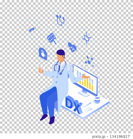Isometric illustration of a male doctor handling medical DX data 134196827