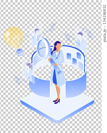 Isometric illustration of a female doctor investigating medical DX information 134196832