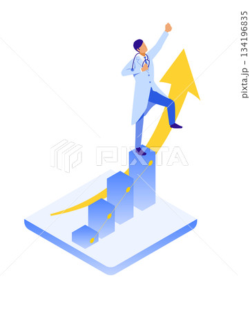 成長を達成し喜ぶ男性医師のアイソメイラスト 134196835