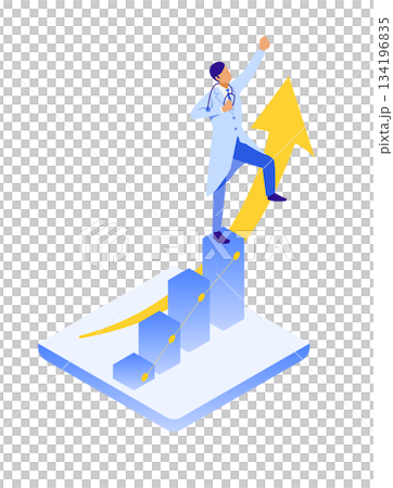 成長を達成し喜ぶ男性医師のアイソメイラスト 134196835