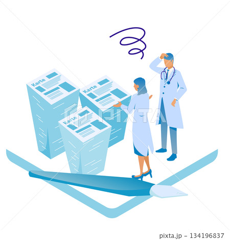 紙カルテの大量作業に困る医師とスタッフのアイソメイラスト 134196837