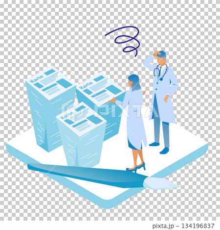 紙カルテの大量作業に困る医師とスタッフのアイソメイラスト 134196837