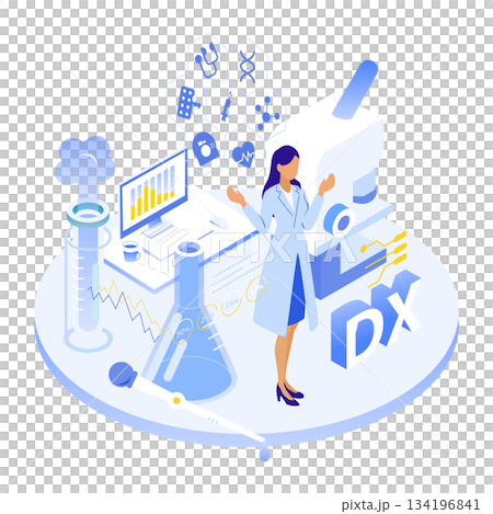 以等距視角描繪了一位女醫師處理醫療數位轉型和研究數據的情況 以等距視角描繪了一位女醫師處理醫療數位轉型和研究數據的情況 134196841