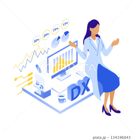 医療DXのデータを分析する女性医師のアイソメイラスト 134196843