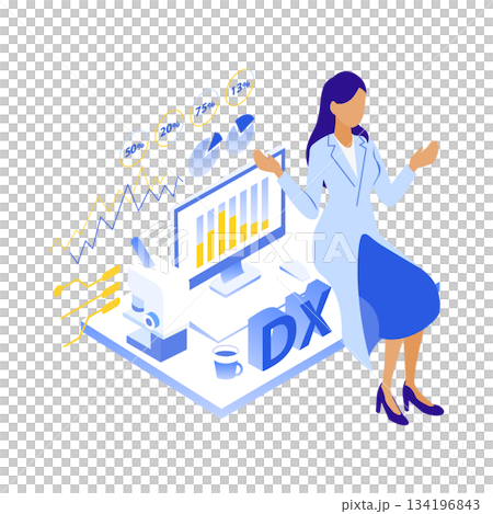 女醫生分析醫療診斷數據的等距插圖 134196843