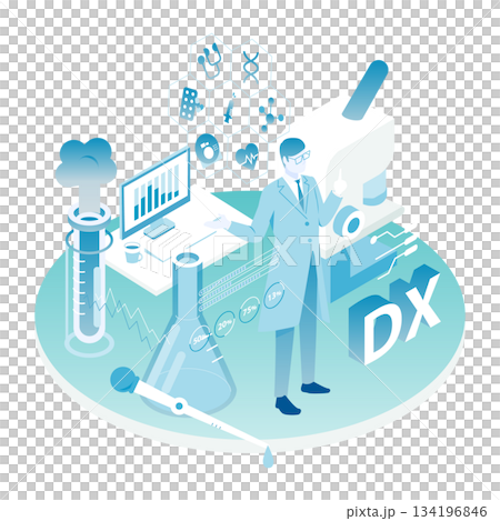 男性醫生處理醫療數位轉型和研究數據的等距插圖（顏色變化） 134196846