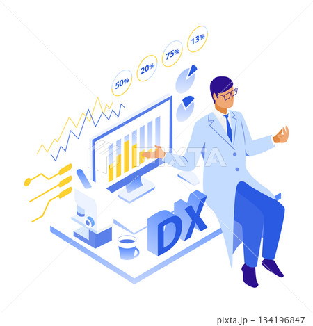 医療DXのデータを分析する男性医師のアイソメイラスト 134196847