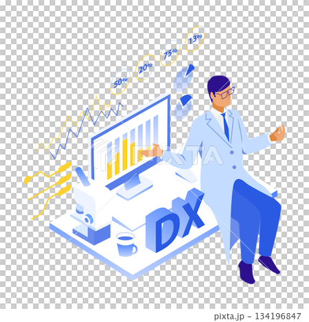 男性醫師分析醫療診斷數據的等距插圖 134196847