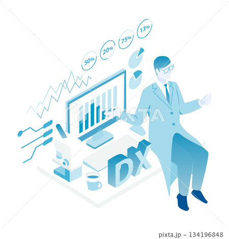医療DXのデータを分析する男性医師のアイソメイラスト(Color variation) 134196848